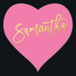 HEART BAT MITZVAH modern pink gold script SAMANTHA Heart Sticker<br><div class="desc">by kat massard >>> WWW.SIMPLYSWEETPAPERIE.COM <<< *** NOTE - THE SHINY GOLD FOIL EFFECT IS A PRINTED PICTURE *** - - - - - - - - - - - CONTACT ME for custom "faux gold foil effect type" Love the design, but would like to see some changes - another...</div>