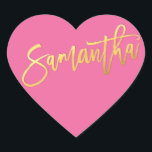 HEART BAT MITZVAH modern pink gold script SAMANTHA Heart Sticker<br><div class="desc">by kat massard >>> WWW.SIMPLYSWEETPAPERIE.COM <<< *** NOTE - THE SHINY GOLD FOIL EFFECT IS A PRINTED PICTURE *** - - - - - - - - - - - CONTACT ME for custom "faux gold foil effect type" Love the design, but would like to see some changes - another...</div>
