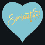 HEART BAT MITZVAH turquoise gold script SAMANTHA Heart Sticker<br><div class="desc">by kat massard >>> WWW.SIMPLYSWEETPAPERIE.COM <<< *** NOTE - THE SHINY GOLD FOIL EFFECT IS A PRINTED PICTURE *** - - - - - - - - - - - CONTACT ME for custom "faux gold foil effect type" Love the design, but would like to see some changes - another...</div>