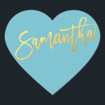 HEART BAT MITZVAH turquoise gold script SAMANTHA Sticker<br><div class="desc">by kat massard >>> WWW.SIMPLYSWEETPAPERIE.COM <<< *** NOTE - THE SHINY GOLD FOIL EFFECT IS A PRINTED PICTURE *** - - - - - - - - - - - CONTACT ME for custom "faux gold foil effect type" Love the design, but would like to see some changes - another...</div>