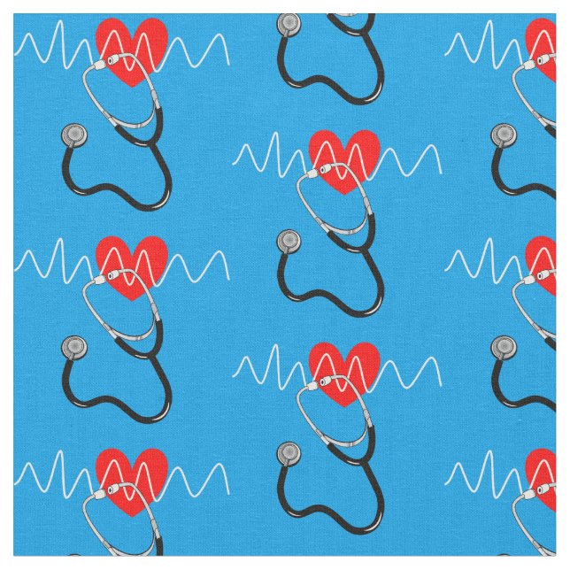 Heart Beat Line Stethoscope Medical Symbols Fabric (Close Up)