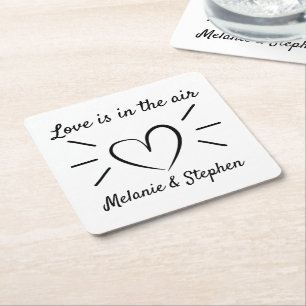 Heart Black White Minimalist Wedding Bridal Shower Square Paper Coaster