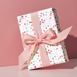 Heart Bloom Meadow on White – Pink & Red Valentine Wrapping Paper