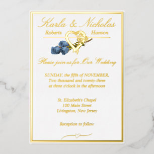 Heart & Blue Roses, Elegant White Wedding, Gold