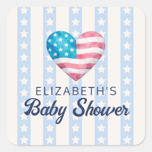 Heart & Blue Stars Stripes Boy Baby Shower Square Sticker
