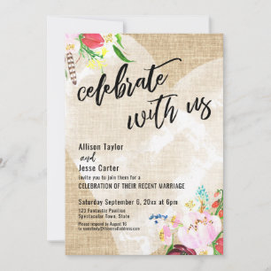 Heart Boho Floral Burlap Celebrate with Us Party Invitation