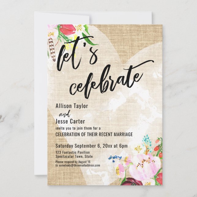 Heart Boho Floral Burlap Let's Celebrate Reception Invitation (Front)