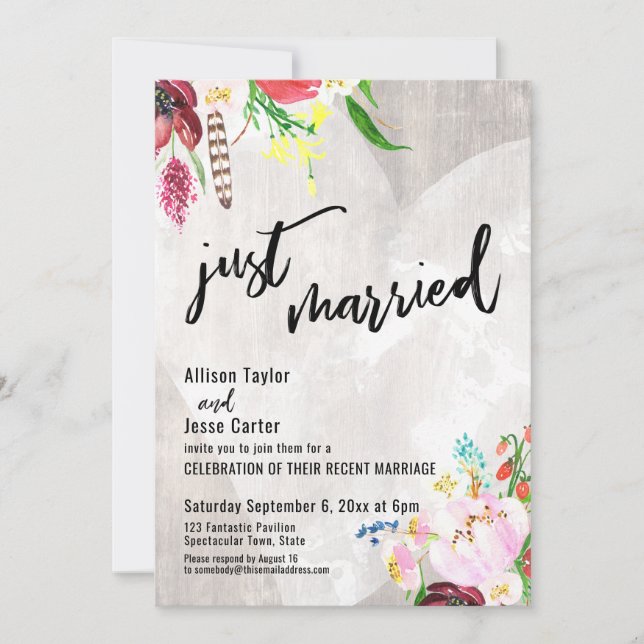 Heart Boho Floral Rustic Wood Just Married Party Invitation (Front)