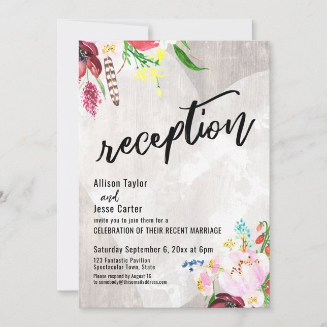 Heart Boho Floral Rustic Wood Reception Invitation (Front)