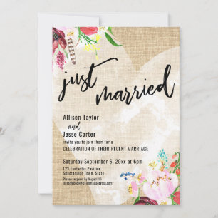 Heart Boho Flowers Burlap Just Married Reception Invitation