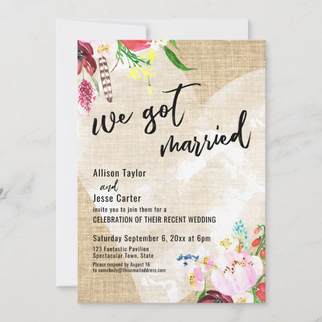 Heart Boho Flowers Burlap We Got Married Reception Invitation (Front)