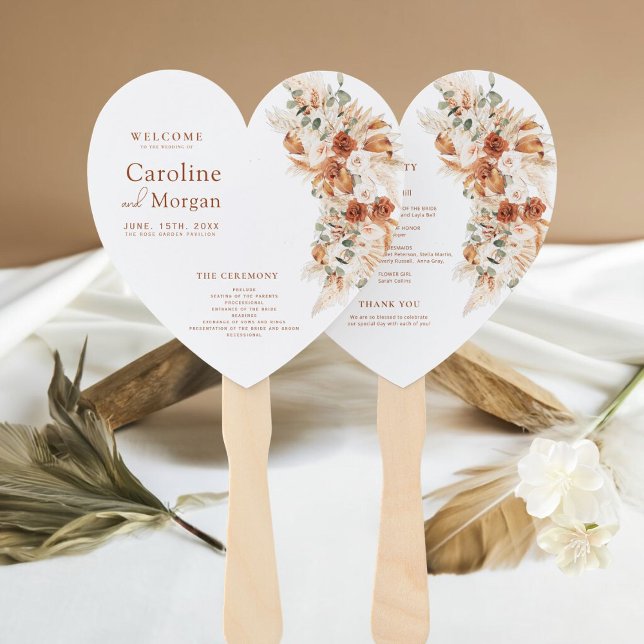 Heart Boho Pampas Grass Floral Terracotta Wedding  Hand Fan (Creator Uploaded)