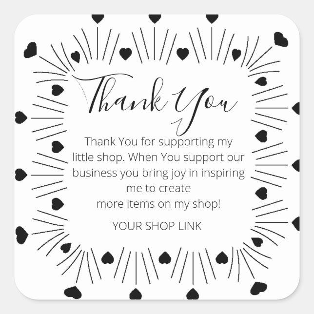 Heart Border Hand Drawn Small Business Thank You Square Sticker (Front)