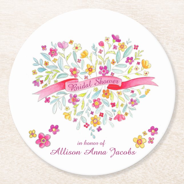 Heart bouquet flowers bridal shower coasters (Front)