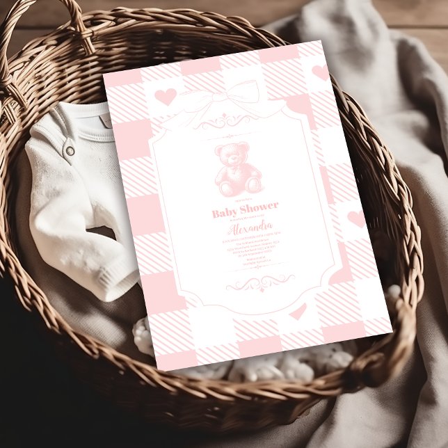 Heart Bow Gingham French Teddy Bear Baby Shower Invitation (Creator Uploaded)