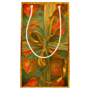 Heart bow red and green glitter look present desig small gift bag