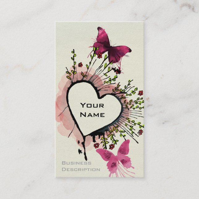 Heart, butterflies and flowers business card (Front)