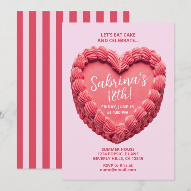 Heart Cake 18th Birthday Invitation (pink/red) (Front/Back)