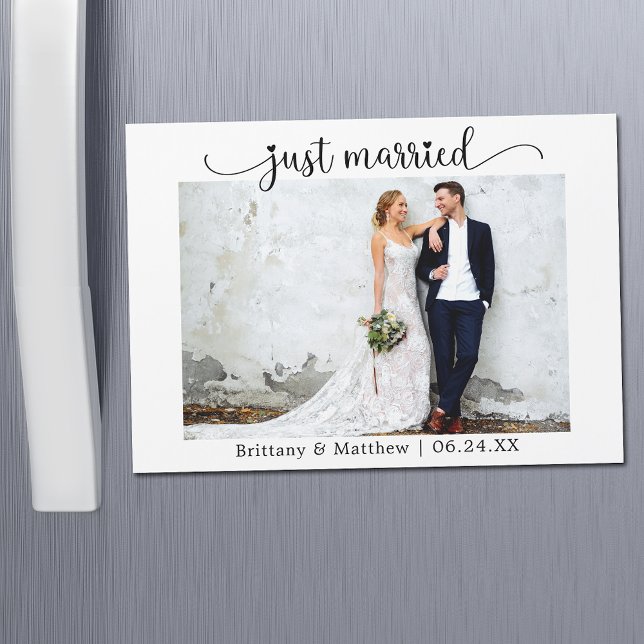 Heart Calligraphy Just Married Wedding Magnet Card (Customize to change your personalized text size or text style.)