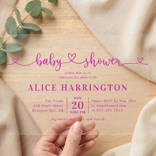 Heart Calligraphy Minimalist Pink Baby Shower Acrylic Invitations