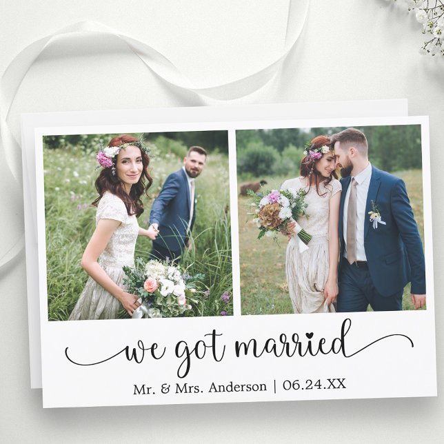 Heart Calligraphy We Got Married 2 Photo  Announcement (Customize to change your personalized text size, text style or to add text to back of card.)