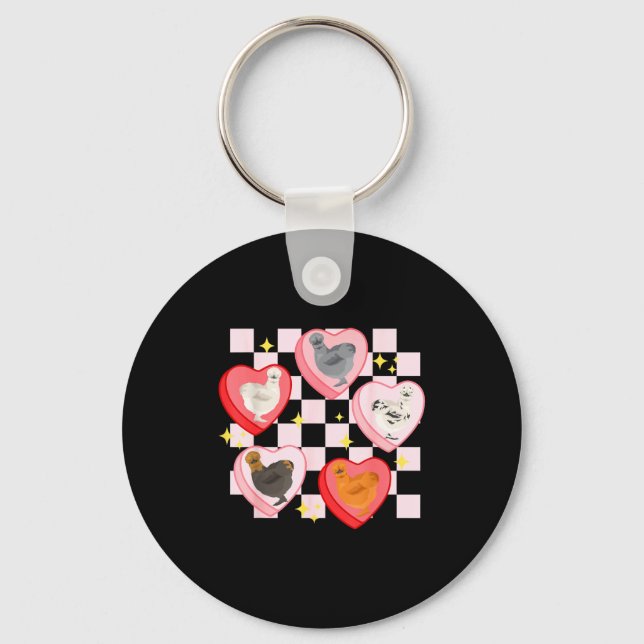 Heart Candy Silkie Chicken Valentine Farmer Animal Key Ring (Front)