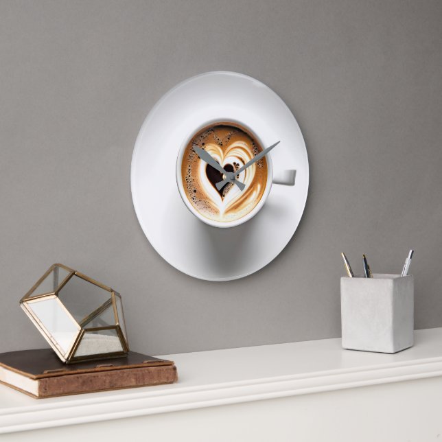 Heart Cappuccino In White Coffee Cup Large Clock (Office)