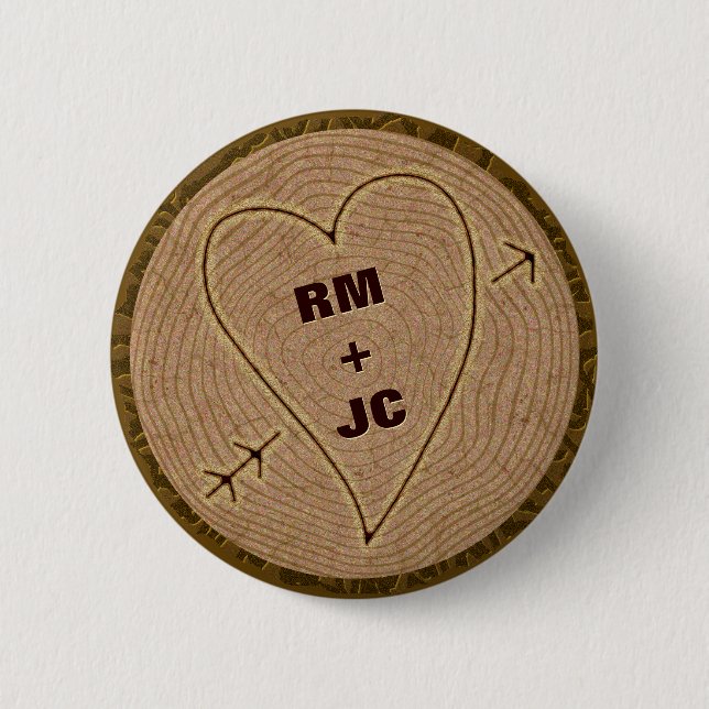 Heart Carved Initials Wood Tree Rings Personalised 6 Cm Round Badge (Front)