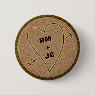 Heart Carved Initials Wood Tree Rings Personalised 6 Cm Round Badge