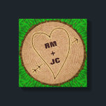 Heart Carved Initials Wood Tree Rings Personalised Canvas Print<br><div class="desc">This beautiful, romantic rustic nature stretched canvas design is perfect for a wedding, anniversary or Valentine's Day. It has a wood texture look, like the top view of a tree stump complete with rings and a bark border. A heart with arrow has been carved into it. Use the template field...</div>