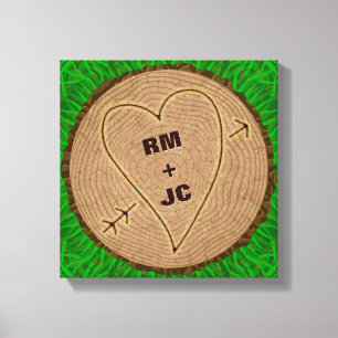 Heart Carved Initials Wood Tree Rings Personalised Canvas Print