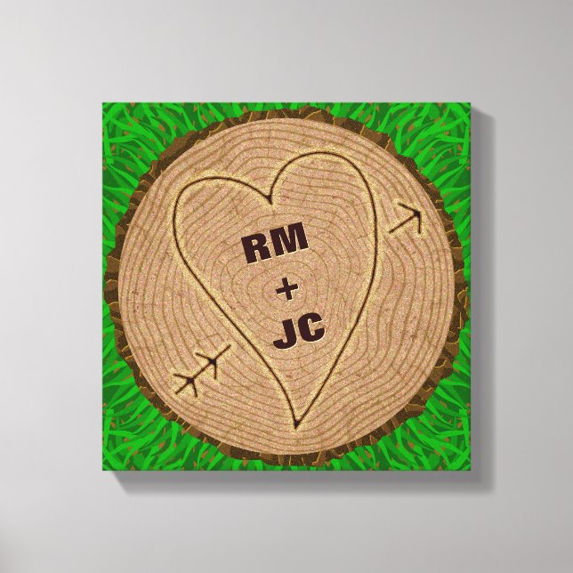 Heart Carved Initials Wood Tree Rings Personalised Canvas Print (Front)