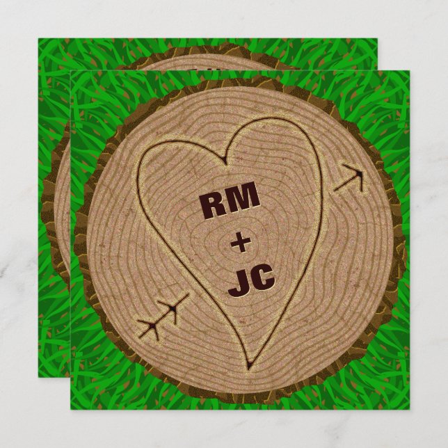 Heart Carved Initials Wood Tree Rings Wedding Invitation (Front/Back)