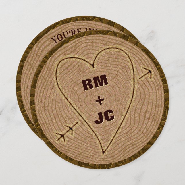 Heart Carved Initials Wood Tree Rustic Wedding Invitation (Front/Back)