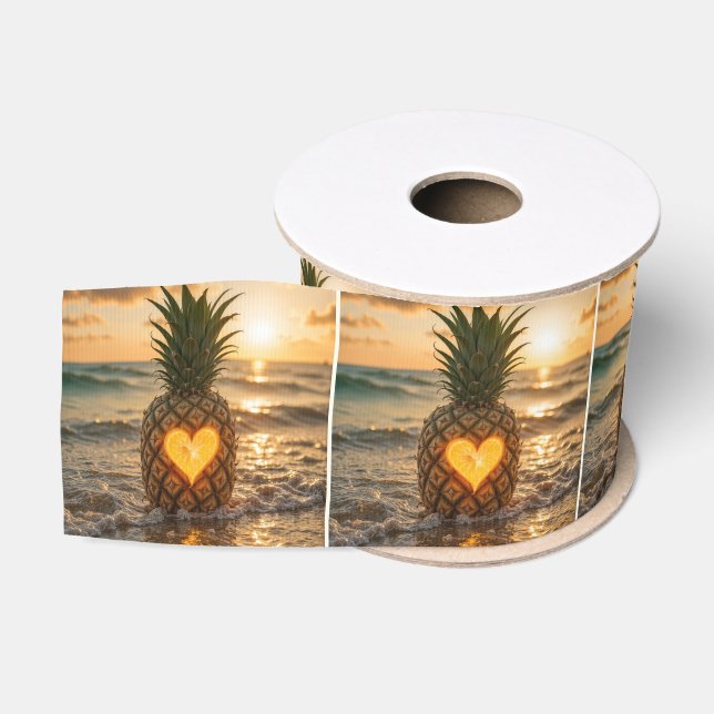 Heart Carved Into a Pineapple On a Beach Grosgrain Ribbon (Spool)