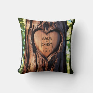 Heart Carved Names Date Wood Tree Trunk  Cushion