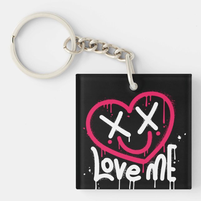 heart character with dead eyes and smile sprayed key ring (Front)