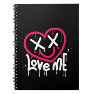 heart character with dead eyes and smile sprayed notebook