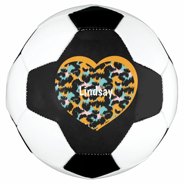 Heart Cheetah Animal Print Monogram Name  Soccer Ball (Front)
