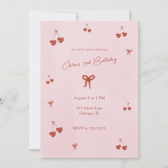 Heart Cherries Birthday Party Invitation (Front)