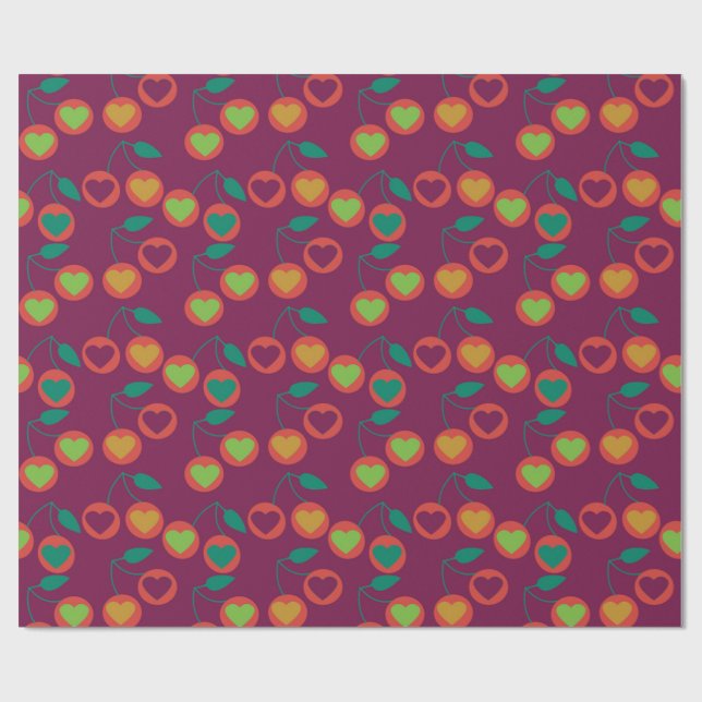 heart cherries magenta wrapping paper (Flat)