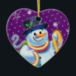Heart Christmas tree decoration Snowman & tinsel.<br><div class="desc">Heart shape purple Christmas tree decoration Snowman and tinsel. Purples.
This jolly snowman is about to decorate his tree with colorful tinsel.
See the other characters in this same series,  Santa and Polar Bear and Rudolph.</div>