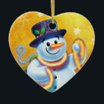 Heart Christmas tree decoration Snowman & tinsel.<br><div class="desc">Heartshaped gold Christmas tree decoration Snowman and tinsel. golds.
This jolly snowman is about to decorate his tree with colorful tinsel.
See the other characters in this same series,  Santa and Polar Bear and Rudolph.</div>