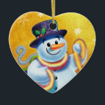 Heart Christmas tree decoration Snowman & tinsel.<br><div class="desc">Heartshaped gold Christmas tree decoration Snowman and tinsel. golds.
This jolly snowman is about to decorate his tree with colorful tinsel.
See the other characters in this same series,  Santa and Polar Bear and Rudolph.</div>