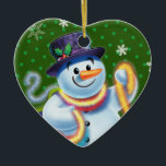 Heart Christmas tree decoration Snowman & tinsel.<br><div class="desc">Heart shape green Christmas tree decoration Snowman and tinsel. Greens.
This jolly snowman is about to decorate his tree with colorful tinsel.
See the other characters in this same series,  Santa and Polar Bear and Rudolph.</div>