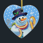 Heart Christmas tree decoration Snowman & tinsel.<br><div class="desc">Heart shaped Christmas tree decoration Snowman and tinsel. Blues.
This jolly snowman is about to decorate his tree with colourful tinsel.
See the other characters in this same series,  Santa and Polar Bear and Rudolph.</div>