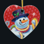 Heart Christmas tree decoration Snowman & tinsel.<br><div class="desc">Heartshape pinks Christmas tree decoration Snowman and tinsel.pinks.
This jolly snowman is about to decorate his tree with colorful tinsel.
See the other characters in this same series,  Santa and Polar Bear and Rudolph.</div>