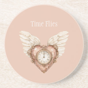Heart Clock White Wings Time Flies Coaster