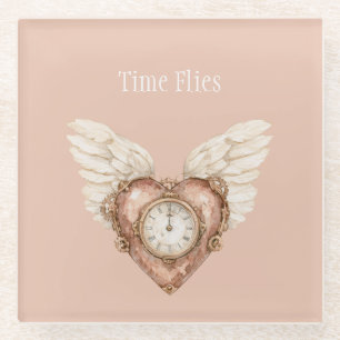 Heart Clock White Wings Time Flies Glass Coaster