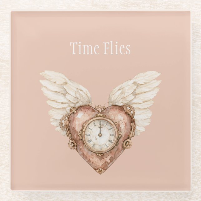 Heart Clock White Wings Time Flies Glass Coaster (Front)